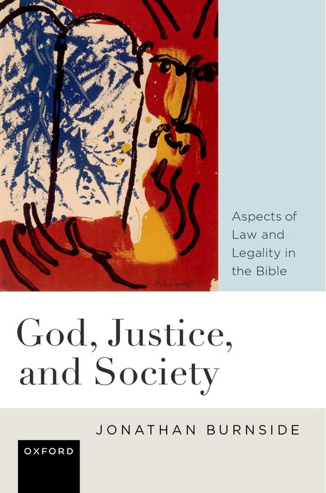 "God, Justice, and Society" von Jonathan Burnside. Illustration mit blauen Tafeln und Gesichtsstrukturen auf rotem Hintergrund.