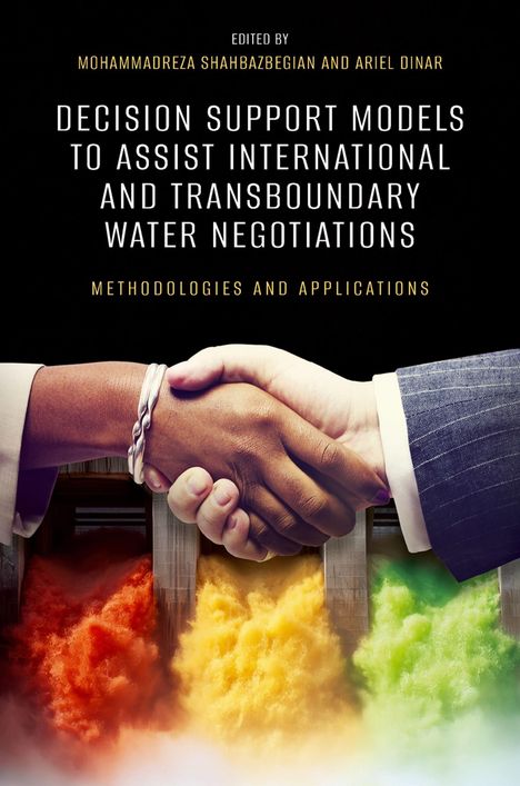 "Decision Support Models for Water Negotiations" steht oben, darunter ein Handschlag vor bunten Wassermassen.
