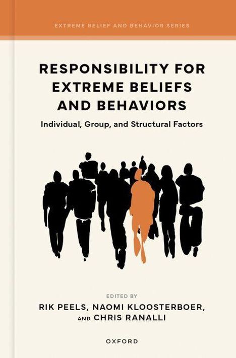 „Responsibility for Extreme Beliefs and Behaviors“. Silhouetten von Menschen in einer Reihe, einer orangefarben.