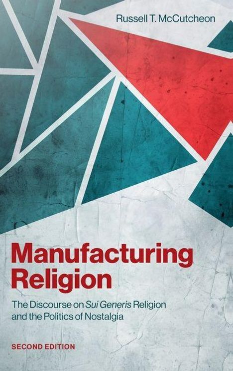 "Manufacturing Religion" in roter Schrift. Geometrisches Muster aus Dreiecken in Blau und Rot, stilvoll angeordnet.