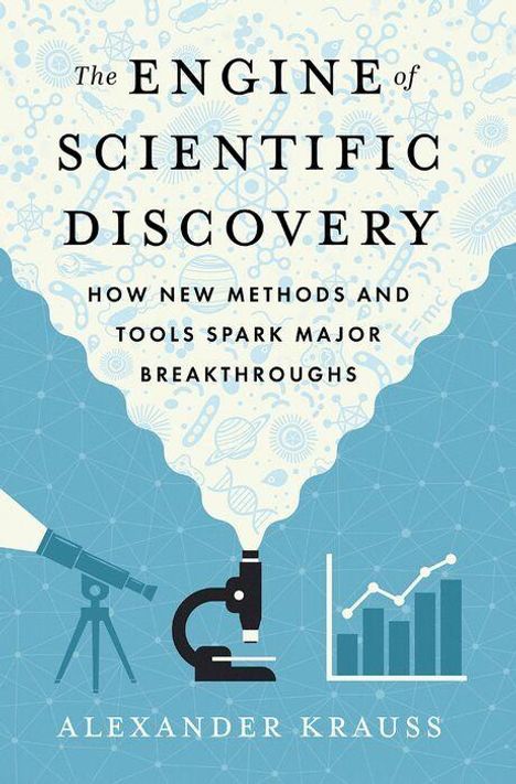 "The Engine of Scientific Discovery: How New Methods and Tools Spark Major Breakthroughs" von Alexander Krauss. Illustration mit Mikroskop und Diagramm.