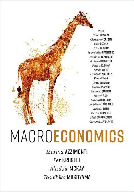 Titel: "MACROECONOMICS". Namen: Marina Azzimonti, Per Krusell. Illustration einer Giraffe.