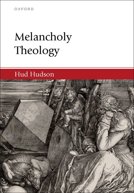 "Melancholy Theology" von Hud Hudson. Illustration zeigt eine nachdenkliche Person mit Flügeln, einem Würfel und einem schlafenden Hund.