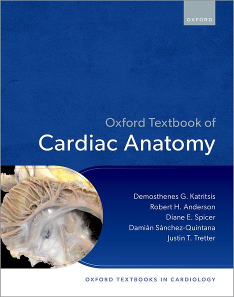 "Oxford Textbook of Cardiac Anatomy" und Autorenliste auf blauer Fläche. Darstellung eines Herzquerschnitts.
