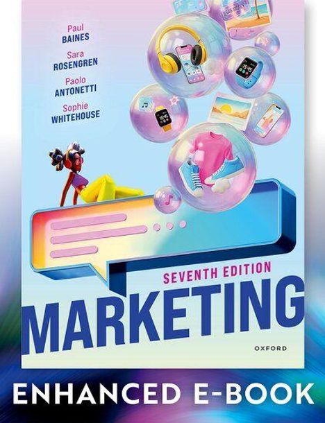 "Marketing Seventh Edition, Enhanced e-Book." Illustration mit bunten Blasen, Chat-Symbol und bunten Gegenständen.