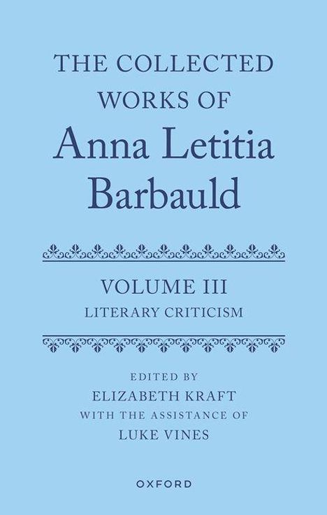 Text: „The Collected Works of Anna Letitia Barbauld, Volume III, Literary Criticism“. Hellblauer Hintergrund, schlichte Schrift.