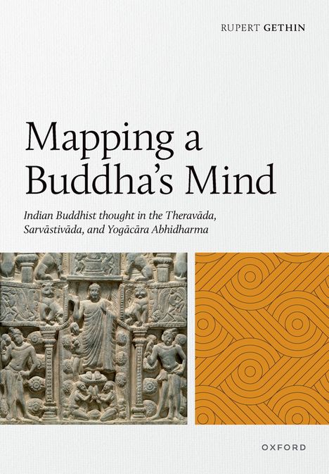 "Mapping a Buddha’s Mind" von Rupert Gethin. Relief mit buddhistischen Figuren und orangenem Muster.