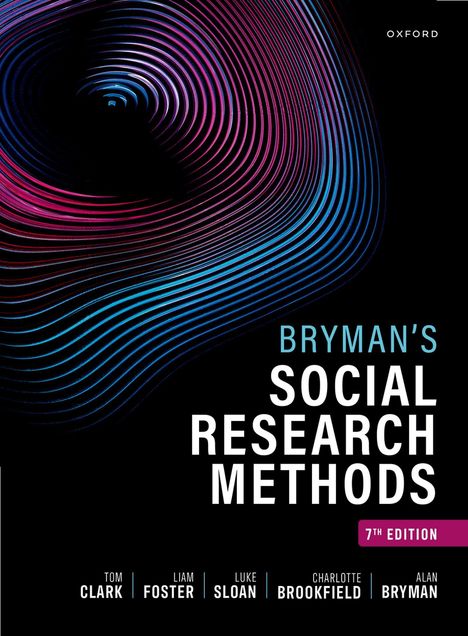„BRYMAN'S SOCIAL RESEARCH METHODS, 7TH EDITION“. Bunte, geschwungene Linien auf schwarzem Hintergrund.