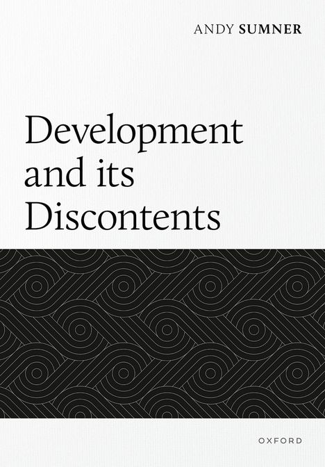 ANDY SUMNER, "Development and its Discontents", OXFORD. Abstrakte weiße Spiralmuster auf schwarzem Hintergrund.
