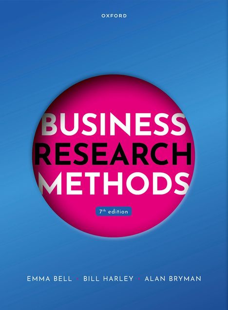 "BUSINESS RESEARCH METHODS", "7th edition", Autoren: Emma Bell, Bill Harley, Alan Bryman. Blauer Hintergrund, pinker Kreis.