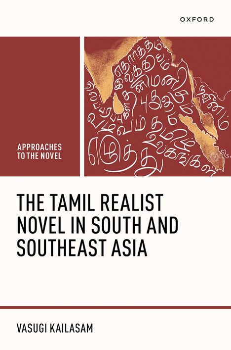 Buchtitel und Autorenname mit tamilischer Schrift und Umrisse Südasiens in Rot und Gold.