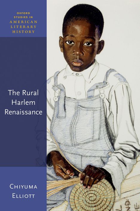 "The Rural Harlem Renaissance" von Chiyuma Elliott. Illustration eines Jungen in Latzhose, der eine Korbarbeit hält.
