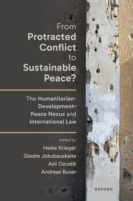 Buchtitel: "From Protracted Conflict to Sustainable Peace?" Themen: humanitär, Entwicklung, Frieden, Völkerrecht. Wände mit Einschusslöchern.