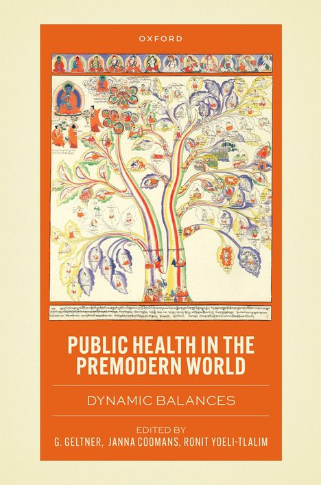 "Public Health in the Premodern World: Dynamic Balances." Illustration eines Baumes mit dekorativen Details und Figuren.