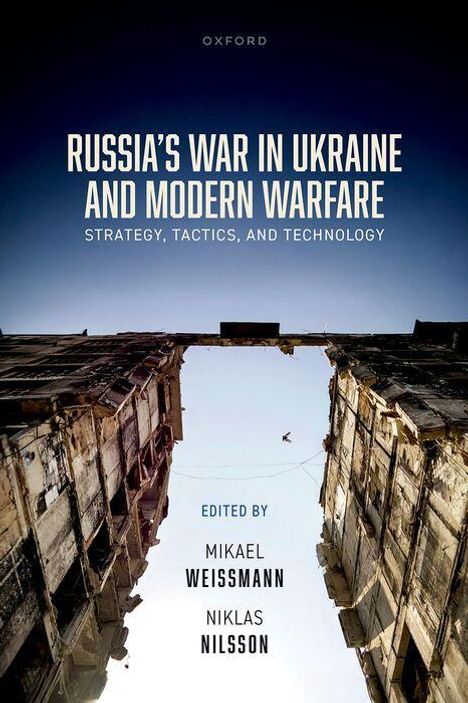 Buchtitel: "Russia's War in Ukraine and Modern Warfare" mit Blick auf Ruinen, ein einsamer Vogel am Himmel.