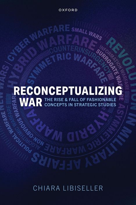 Buchtitel: "RECONCEPTUALIZING WAR". Autor: Chiara Libiseller. Wörter in einem kreisförmigen Muster. Hintergrund in Blautönen.