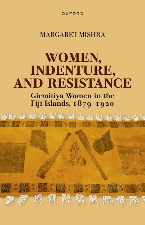 "WOMEN, INDENTURE, AND RESISTANCE" steht hervorgehoben. Darunter altertümliche Bilder und Muster auf einem gelben Hintergrund.