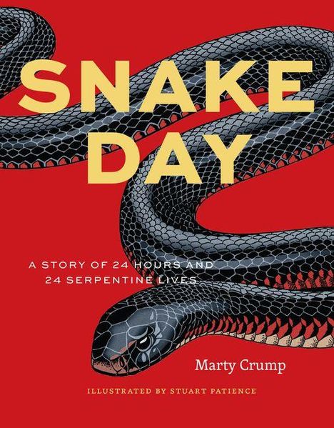"SNAKE DAY: A Story of 24 Hours and 24 Serpentine Lives" von Marty Crump. Illustration einer schwarzen Schlange auf rotem Hintergrund.