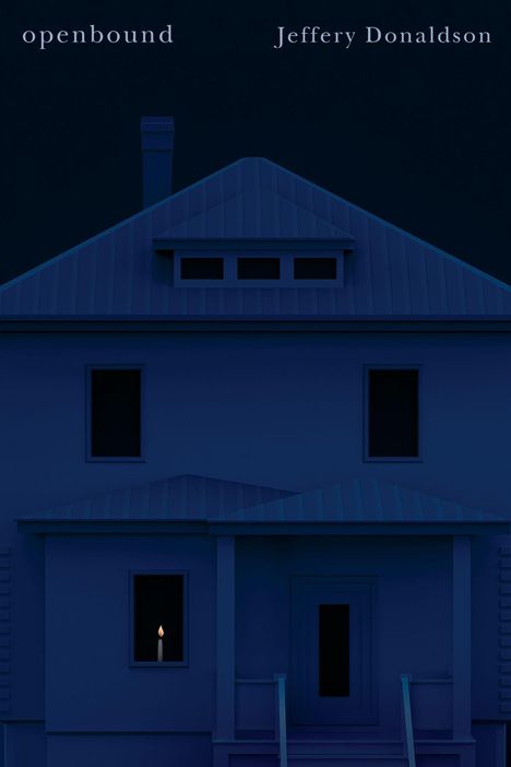 „openbound“ und „Jeffery Donaldson“ oben. Dunkles Haus mit brennender Kerze im Fenster unten links.
