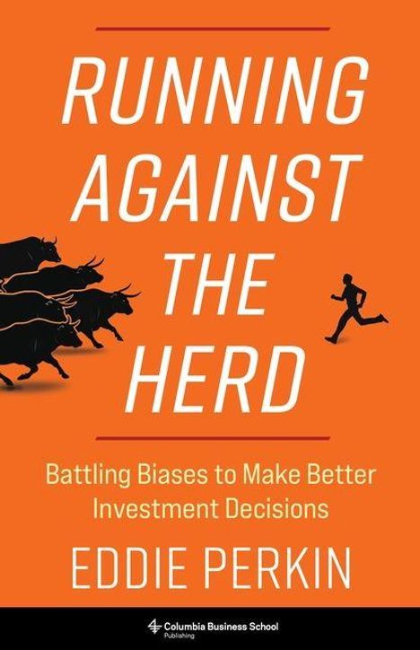 "Running Against the Herd" von Eddie Perkin. Silhouetten von Bullen gegen einen rennenden Menschen.