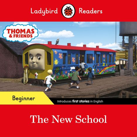 "Ladybird Readers" und "Thomas & Friends". Kinder rennen zu einem bunten Zug mit Gesicht.
