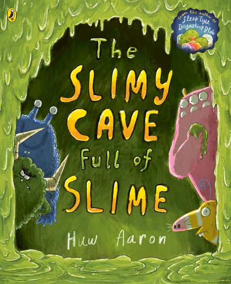 "The Slimy Cave Full of Slime" steht in großen Buchstaben. Die Illustration zeigt schleimige Wände und lustige Monster.