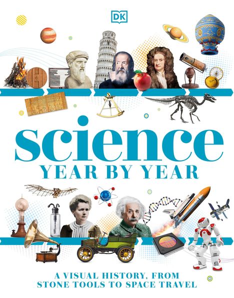 „Science Year by Year“: Oben historische Figuren und Erfindungen, unten moderne Innovationen wie Rakete und Roboter.