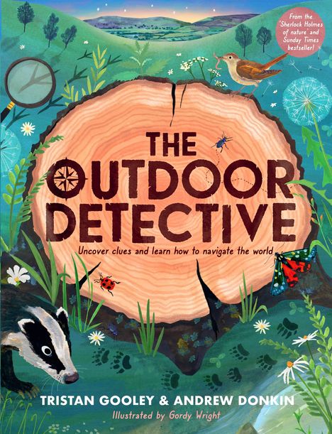 "Buchtitel: The Outdoor Detective - Uncover clues and learn how to navigate the world. Naturillustration mit Tieren."