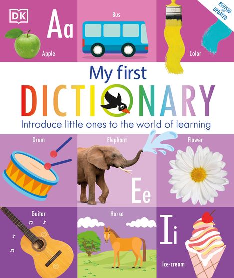 "My first DICTIONARY" zeigt Bilder von Apfel, Bus, Trommel, Elefant, Blume, Gitarre, Pferd und Eiscreme.