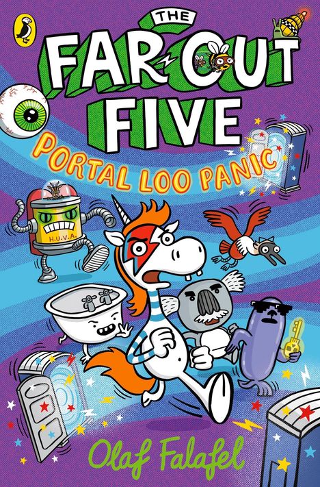 "The Fart Out Five: Portal Loo Panic" oben, "Olaf Falafel" unten. Cartoon mit Einhorn, Tieren und Robotern auf lila Hintergrund.