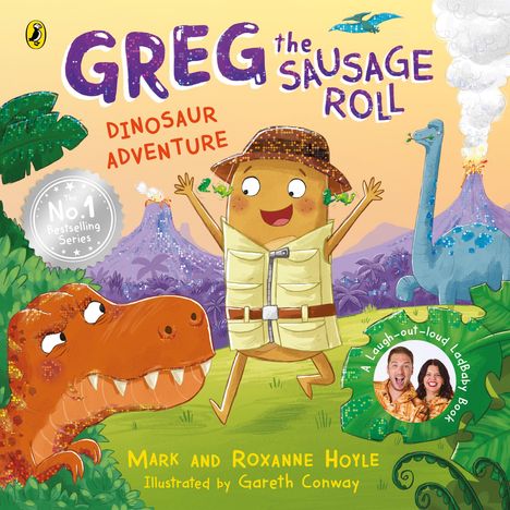 „Greg the Sausage Roll: Dinosaur Adventure“ steht über einem fröhlichen Gebäck in Safari-Kleidung, umgeben von Dinosauriern.