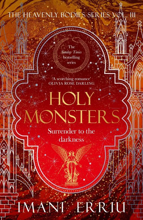 Titel: "HOLY MONSTERS". Untertitel: "Surrender to the darkness". Aufwendige rote und goldene Illustration im Hintergrund.