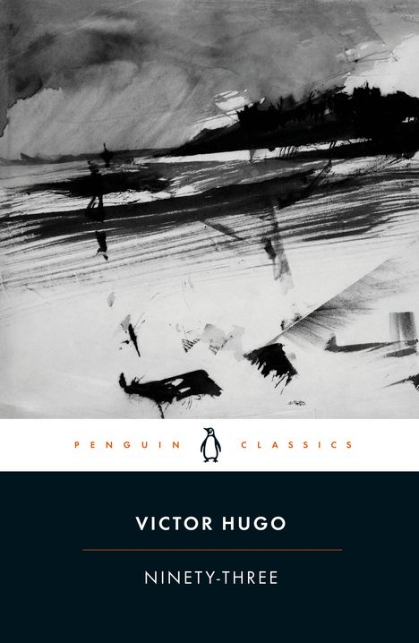"Penguin Classics. Victor Hugo. Ninety-Three." Schwarze Tintenillustration einer stürmischen Landschaft.