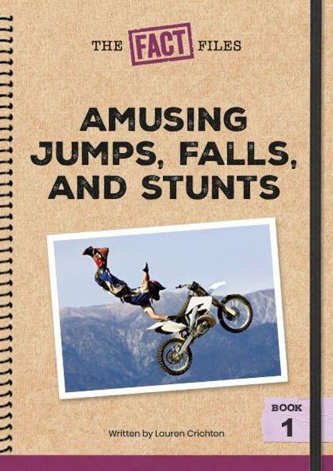 "Amusing Jumps, Falls, and Stunts" steht auf dem Cover mit einem Bild von einem Motorradstunt in den Bergen.