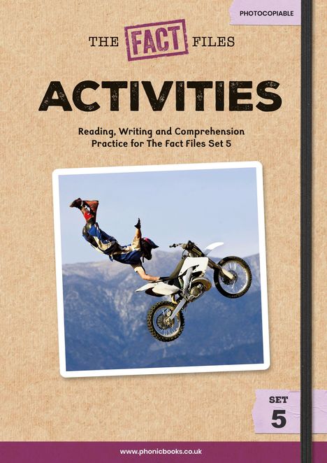"THE FACT FILES ACTIVITIES" und weitere Texte über Bildungsinhalte. Ein Bild zeigt einen Motorcross-Stunt vor Bergkulisse.