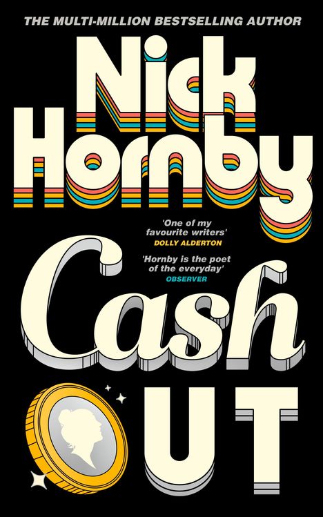 Text: "Nick Hornby, Cash Out, Final cover to be revealed." Logo unten: Penguin Viking. Rahmen in Orange.