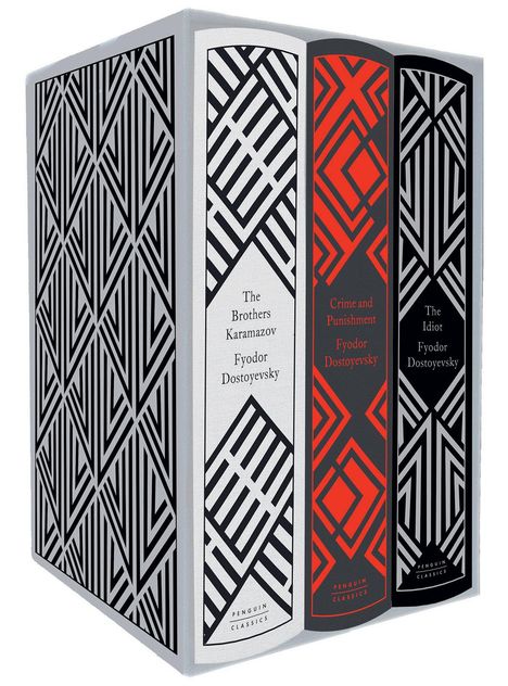 "The Brothers Karamazov", "Crime and Punishment", "The Idiot", Fyodor Dostoyevsky. Schwarz-weiße geometrische Muster.