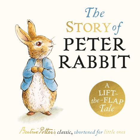 "The World of Peter Rabbit" in blauer Schrift, mit einer Illustration eines Kaninchens in einer blauen Jacke. Darunter steht "Beatrix Potter".