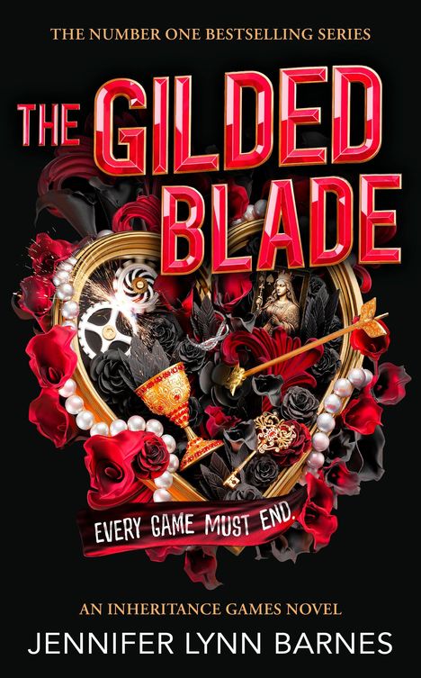 "THE GILDED BLADE" und "EVERY GAME MUST END". Rote und schwarze Rosen, Zahnräder, Schmuck und goldene Verzierungen dominieren.