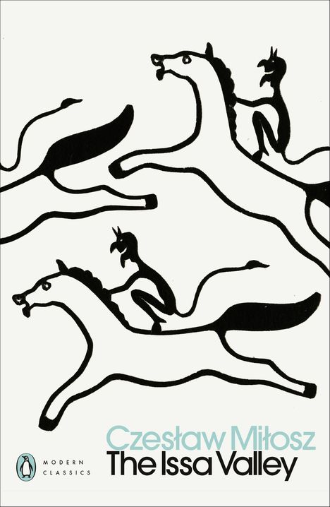 **Czesław Miłosz, The Issa Valley**

Illustration von drei stilisierten Pferden mit Reitern in Schwarz-Weiß. Oben links ein Logo.