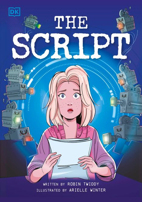 „THE SCRIPT“ steht oben. Eine überraschte Frau mit blondem Haar hält ein Papier. Ringsum befinden sich Kameras.
