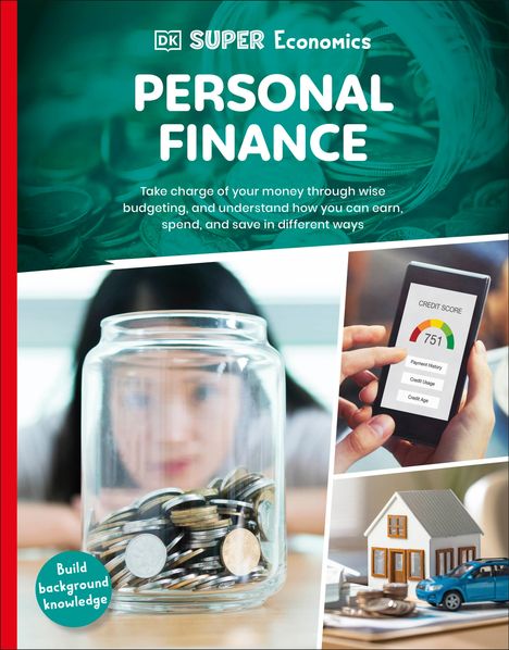 Text: "PERSONAL FINANCE. Take charge of your money through wise budgeting. Build background knowledge."  
Bild: Glas mit Münzen, Kredit-Score auf Smartphone, kleines Hausmodell mit Auto.