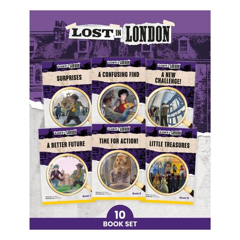 "Lost in London", "Surprises", "A Confusing Find", "A New Challenge!", "A Better Future", "Time for Action!", "Little Treasures", "10 Book Set". Sechs Buchcover mit Lupe-Design und London-Hintergrund.