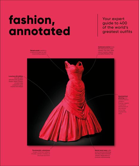 Text: "fashion, annotated", "Your expert guide to 400 of the world’s greatest outfits".  
Roter Ballkleid mit Korsett und Drapierungen.