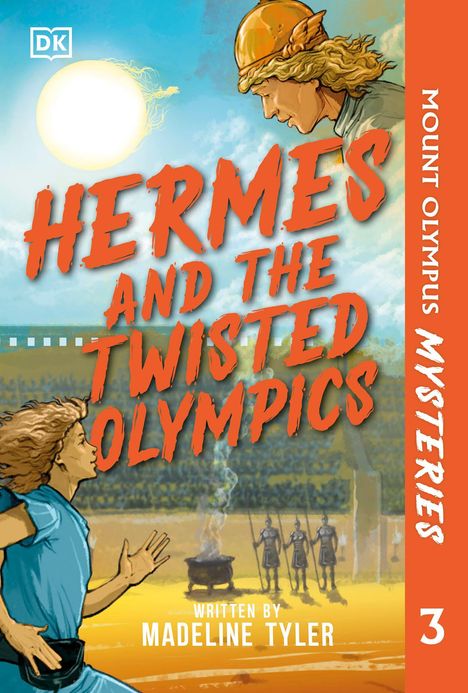 „Hermes and the Twisted Olympics“, geschrieben von Madeline Tyler. Illustration eines Laufenden und Hermes mit Helm.