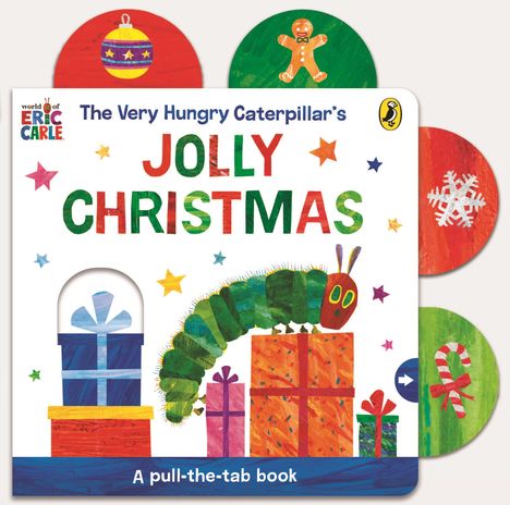 Text: "world of ERIC CARLE". Illustration: Bunte Buchstaben und eine kleine, grüne Raupe mit roten Gesicht und gelben Augen.