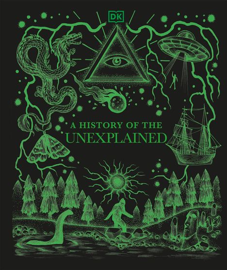 Text: "A History of the Unexplained". 

Illustration: Ein Auge im Dreieck, Drache, UFO, Segelschiff, Nessie, Sonnensymbol, Bäume, mystische Figuren.