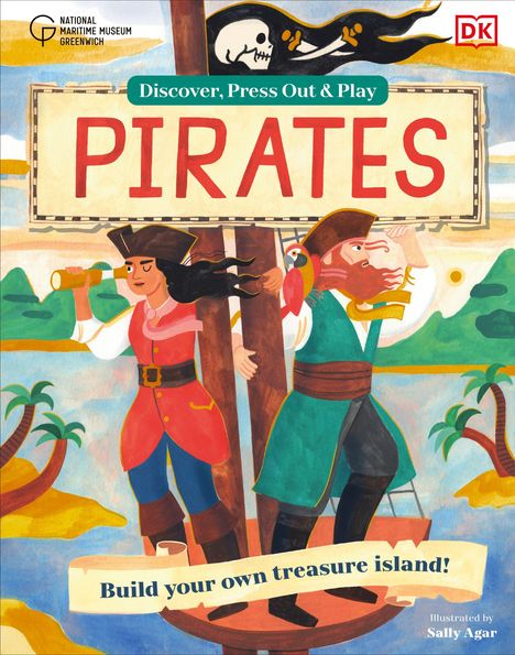 Text: "Discover, Press Out & Play PIRATES. Build your own treasure island!"  
Zwei Piraten schauen durch Fernrohre.