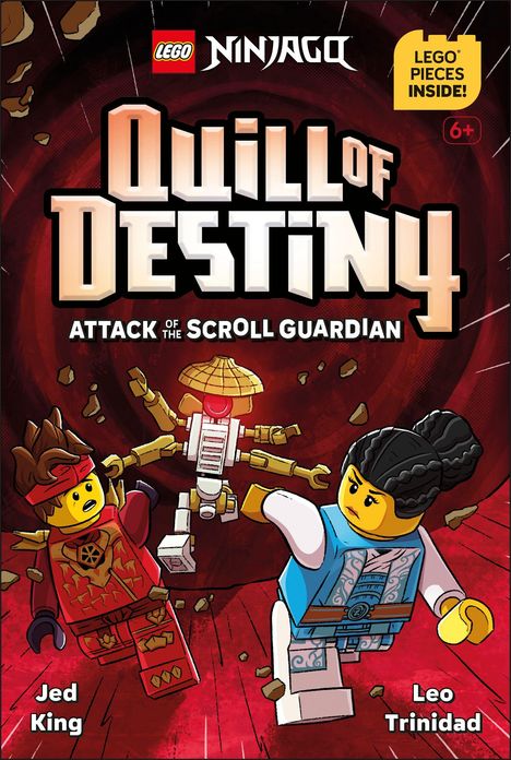 "Quill of Destiny: Attack of the Scroll Guardian." Lego-Figuren in Actionpose vor einem rot-dynamischen Hintergrund.