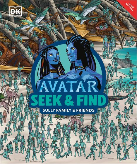 **Text**: Avatar Seek & Find, Sully Family & Friends.  
Illustration: Viele blaue Figuren am Strand, in einem Dschungel mit großen Bäumen.